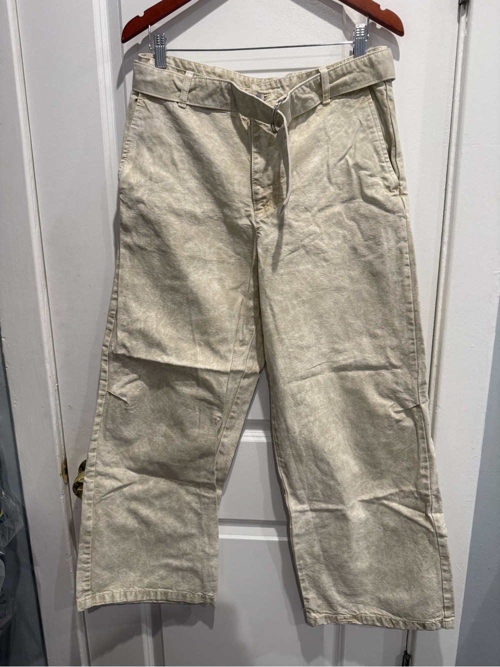 Zara Men's Light Beige Wide-Leg Cotton Chinos with Drawstring